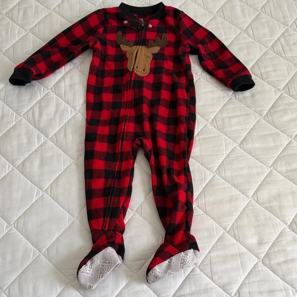 Carter's Red and Black Plaid Moose Footie size 2T